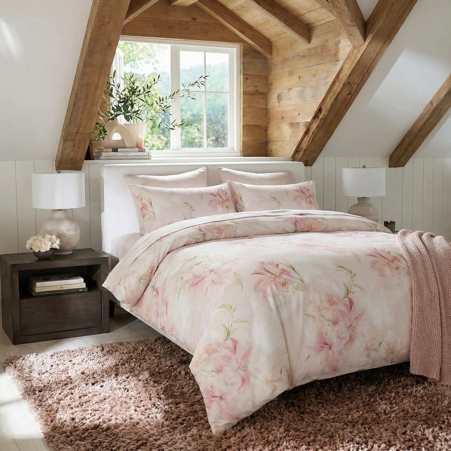 luxury lily floral printed quilt cover set in cozy attic bedroom with wooden walls