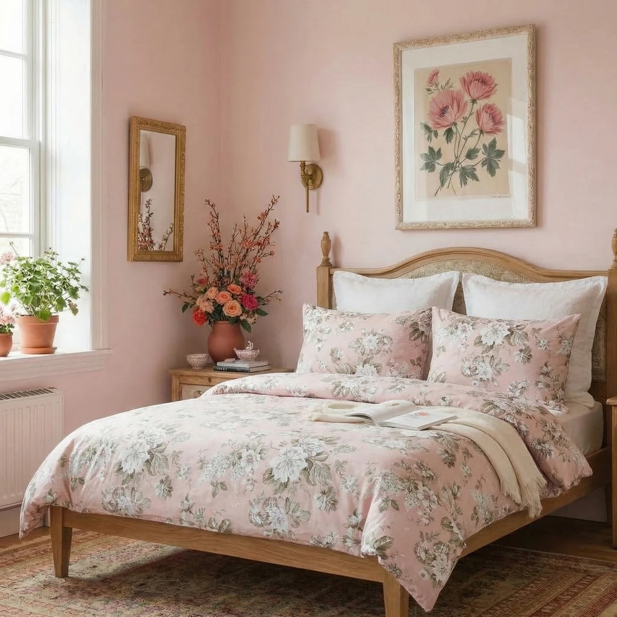 angled profile view of the blush peony cotton bedding set on a natural wood bed frame