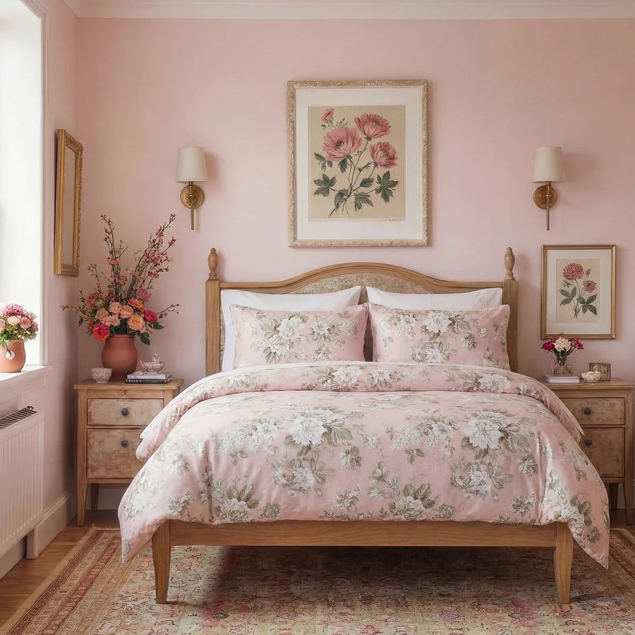 wide bedroom scene featuring the romantic dusty rose floral bedding and traditional furniture