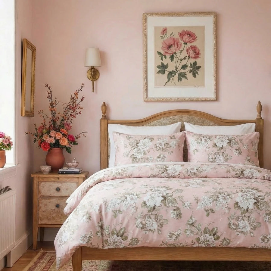 frontal bedroom display of the blush peony duvet set with feminine pink walls and decor