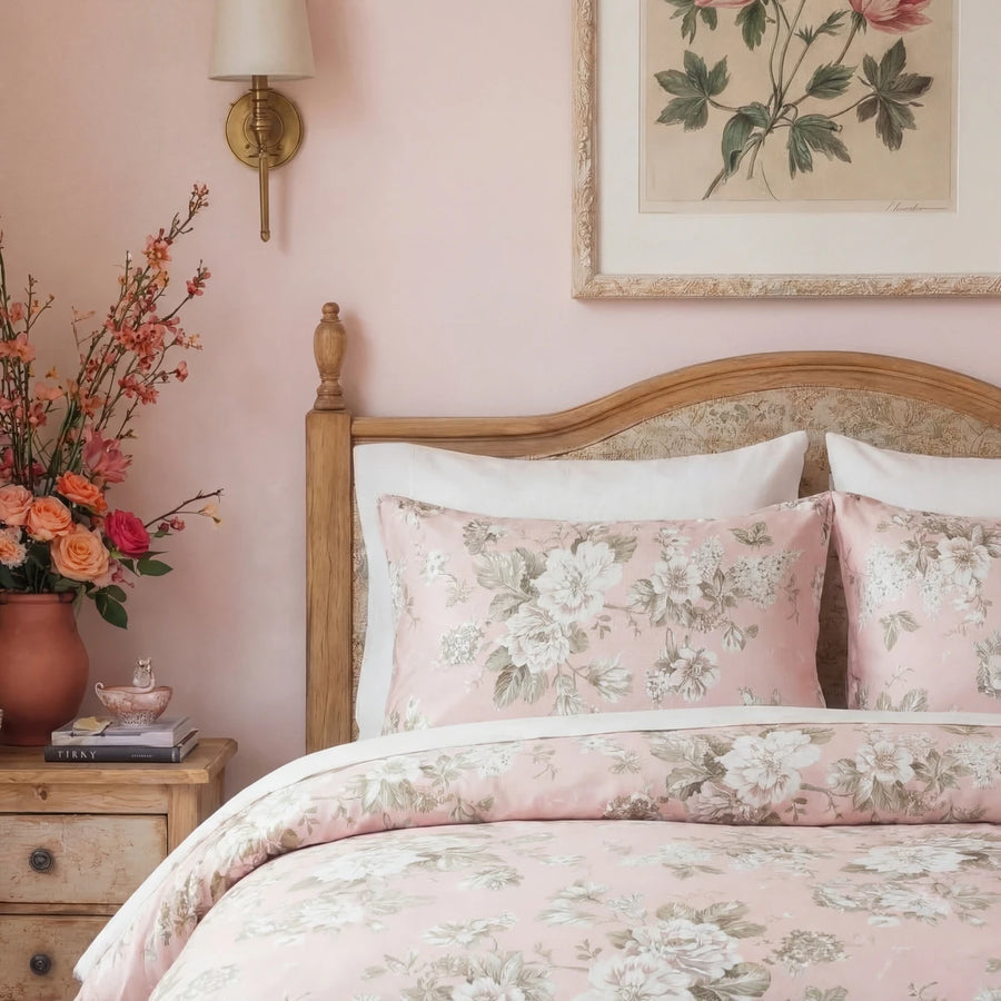 close-up of romantic peony print cotton pillowcases against a vintage wooden headboard