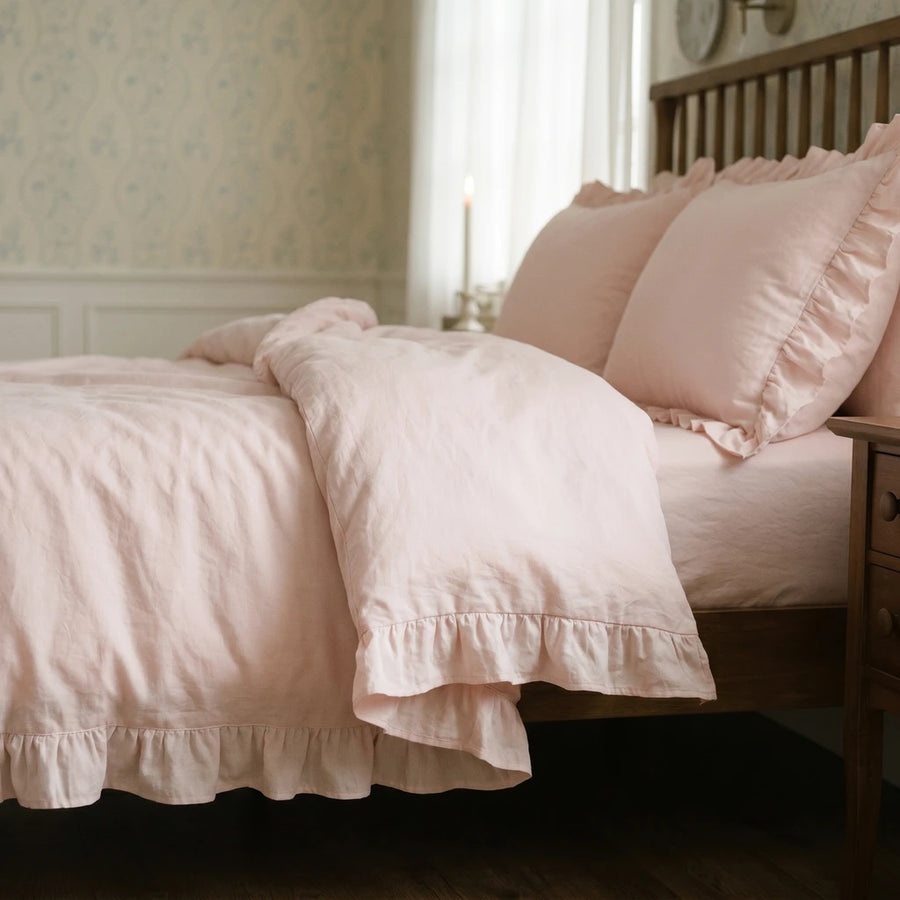 blush pink ruffle duvet cover side view sunlight