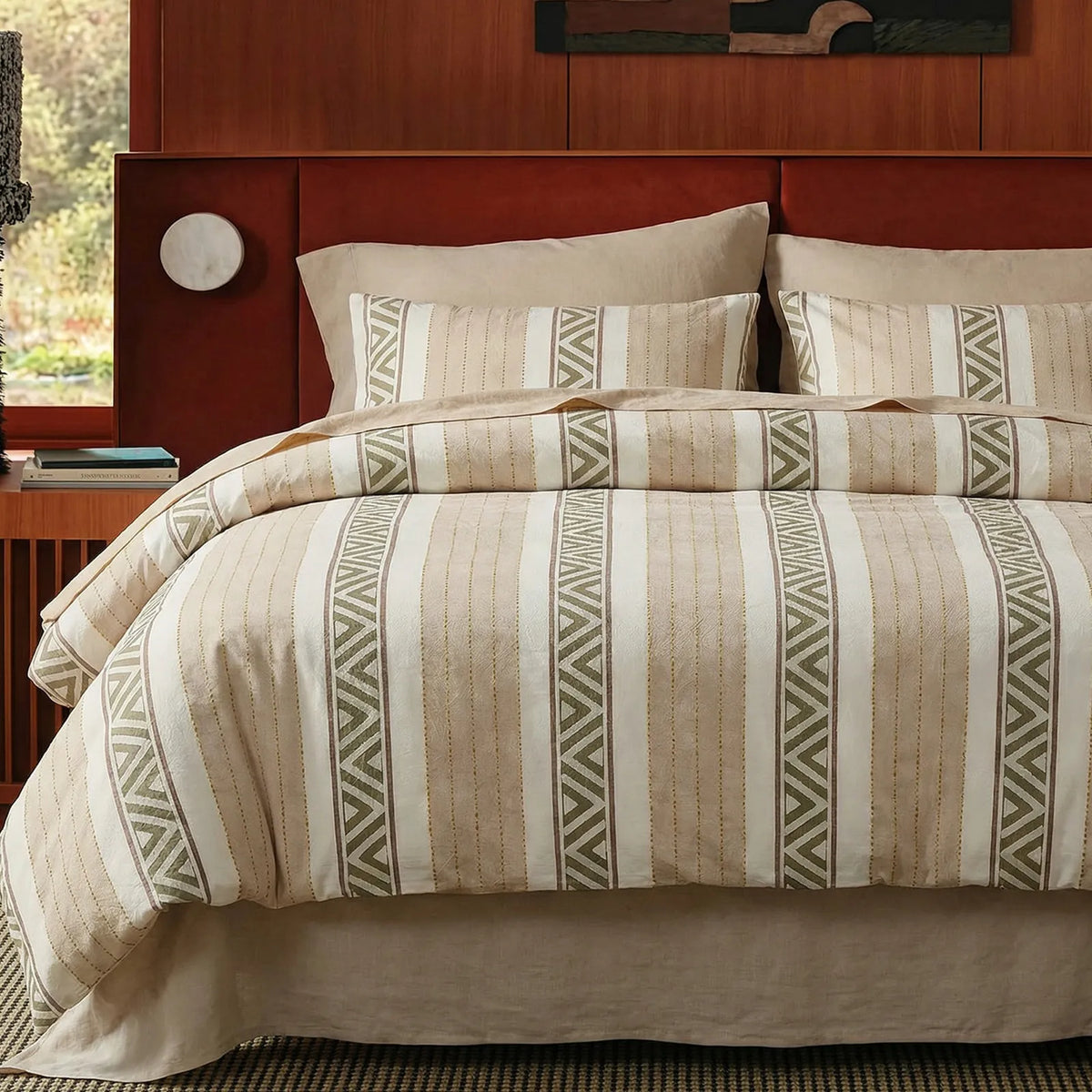 Front view of boho striped comforter set
