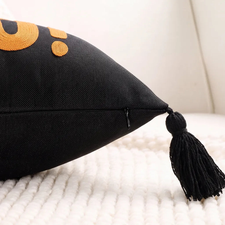 boo charm pillow cover black orange boo tassel zipper detail