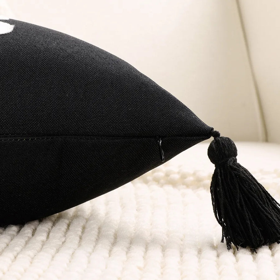 boo charm pillow cover black white boo tassel zipper detail