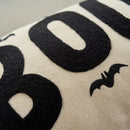 boo charm pillow cover ivory black boo bat embroidery close up