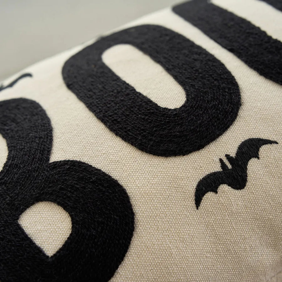 boo charm pillow cover ivory black boo bat embroidery close up