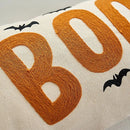 boo charm pillow cover ivory orange boo embroidery close up