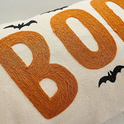boo charm pillow cover ivory orange boo embroidery close up