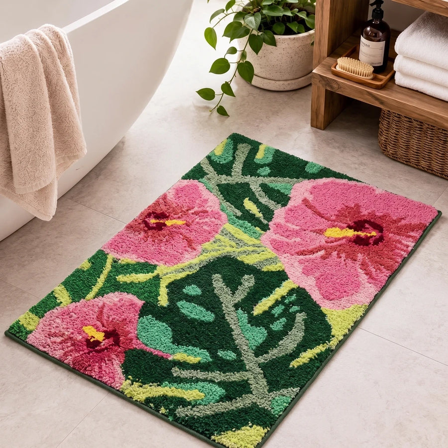 botanical bloom rug hibiscus bloom bathroom decor scene