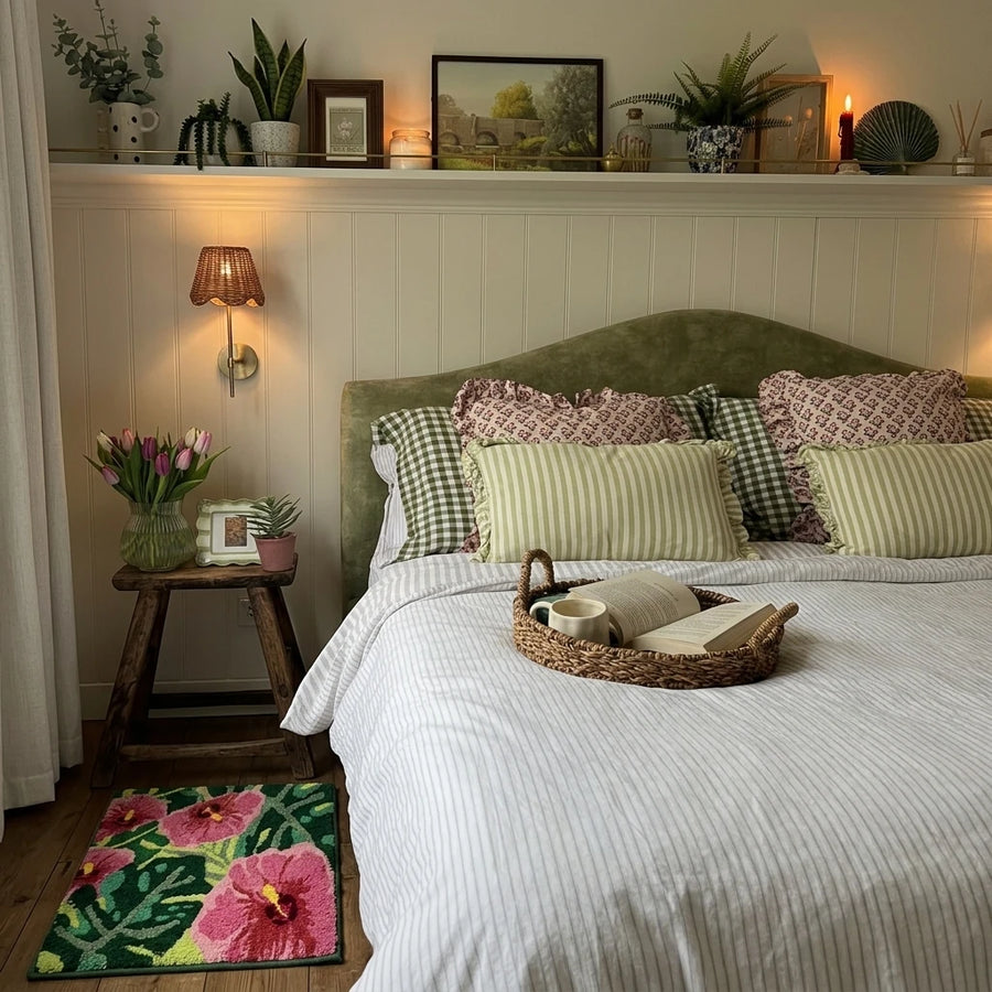 botanical bloom rug hibiscus bloom bedroom accent rug scene