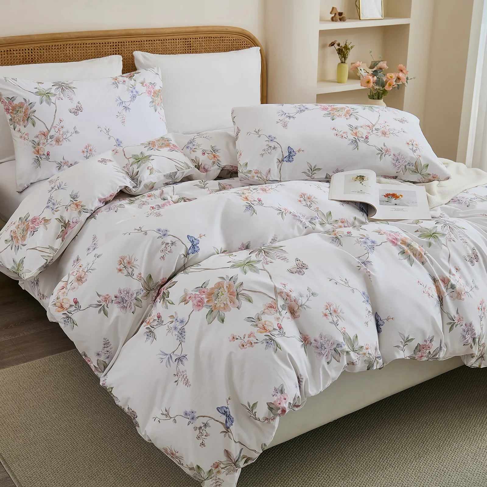 white butterfly floral bedding side