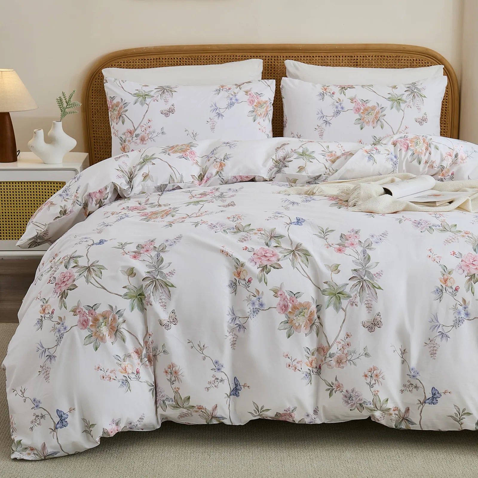 white botanical duvet with butterflies