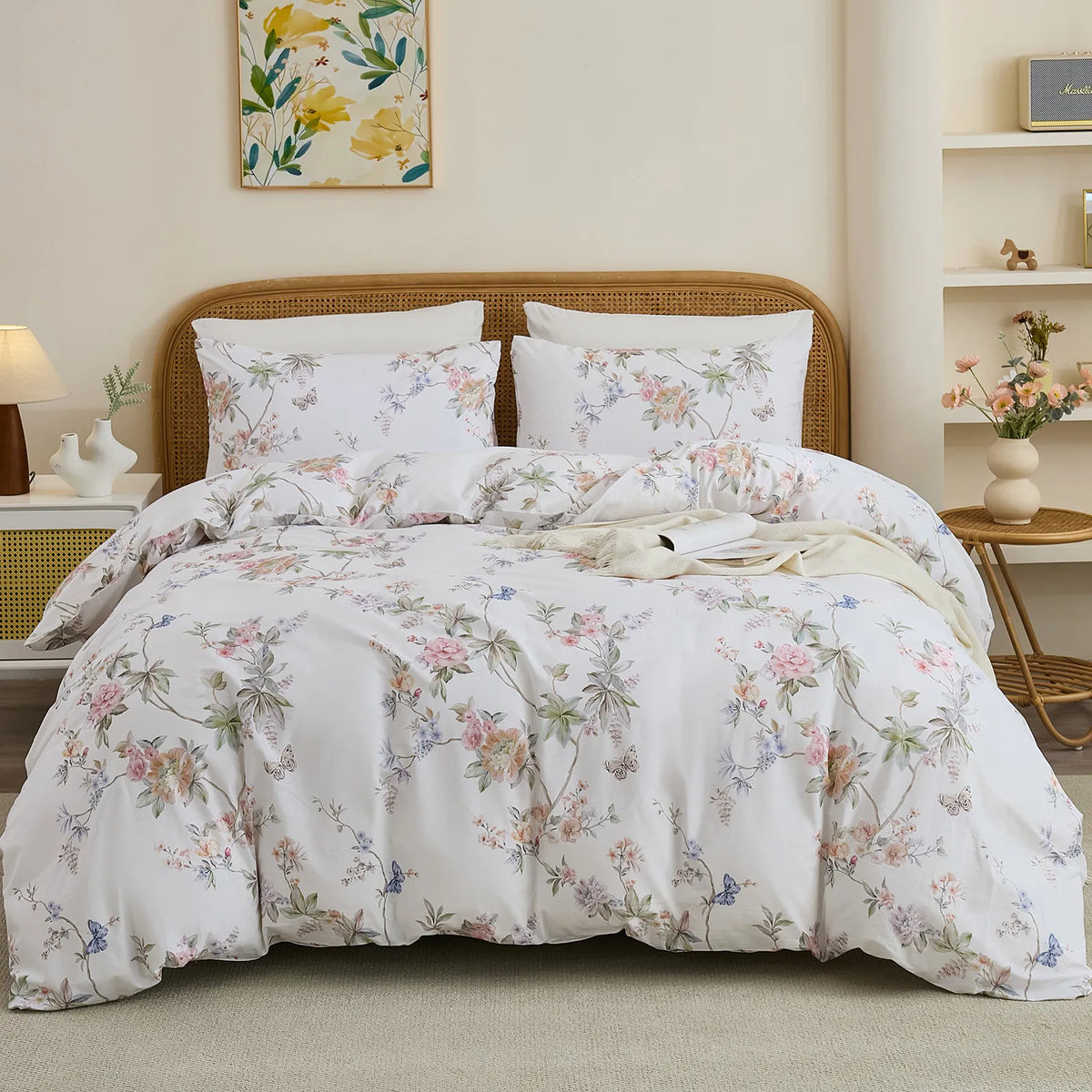 centered white botanical bedding set