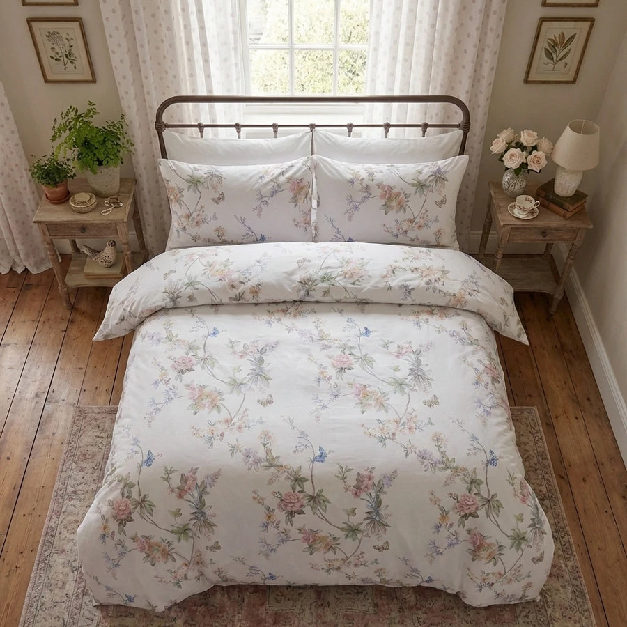 overhead shot of botanical butterfly floral duvet set in luxury cottage interior