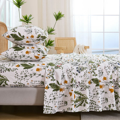 Side profile of Lush Botanical cotton fitted sheet with two stacked pillows	