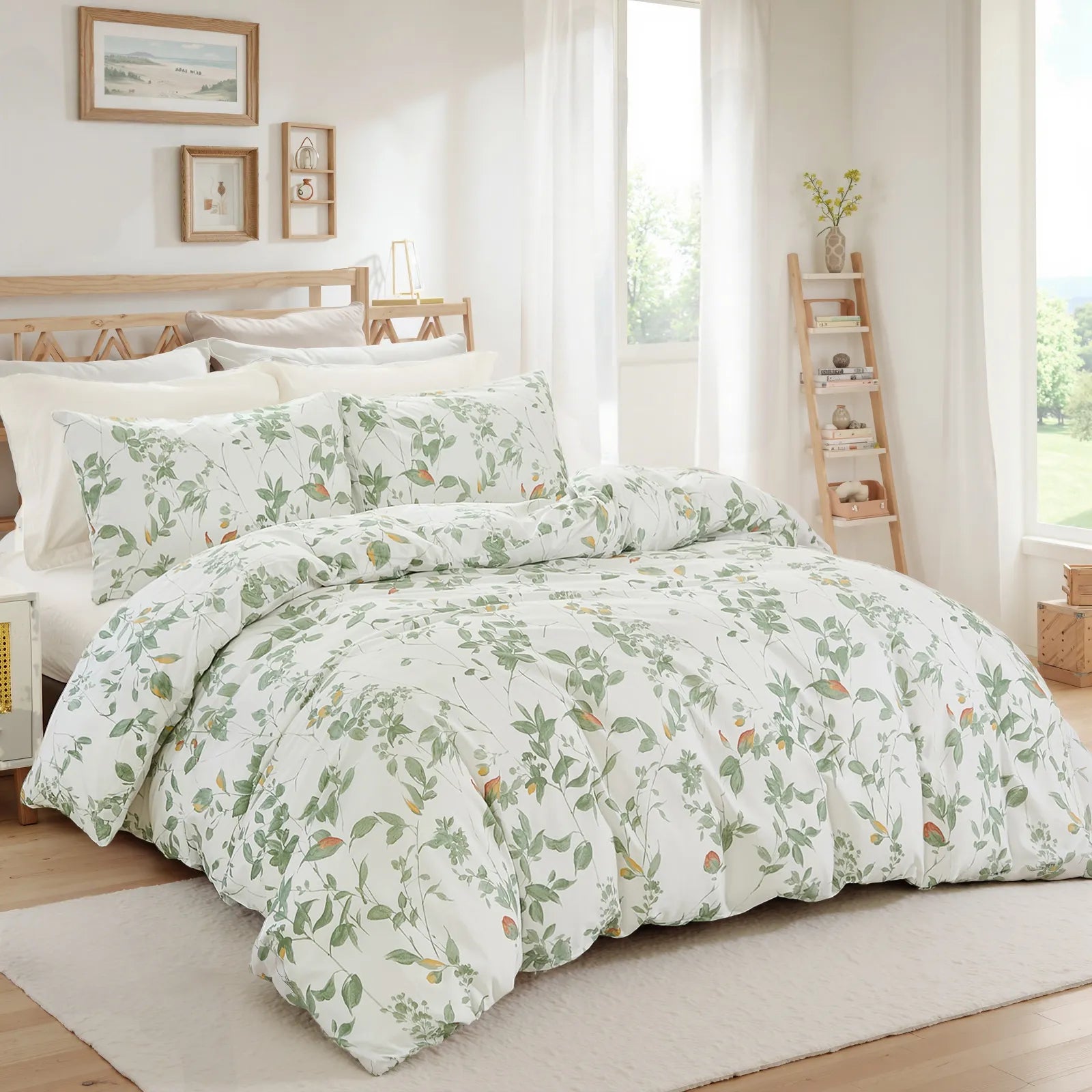 The green leaf duvet cover set styled on a bed in a modern, light-filled room