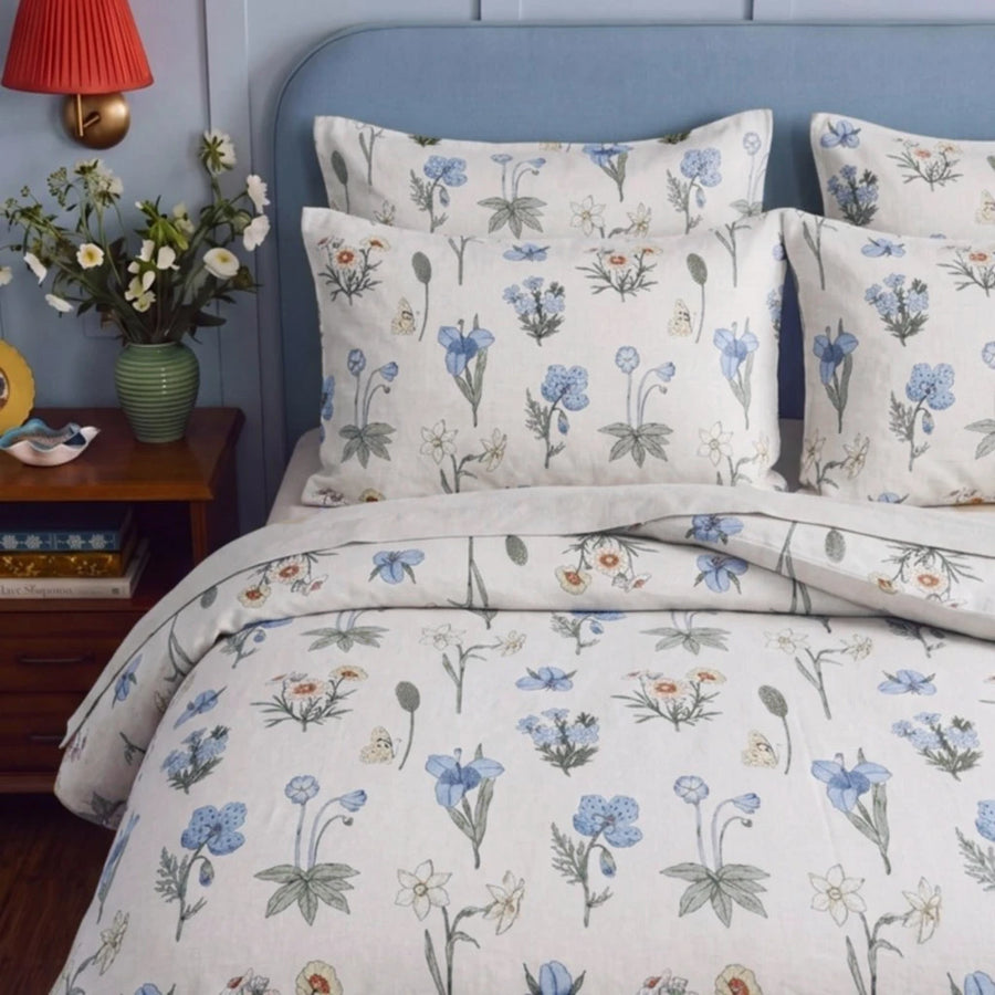 botanical whimsy floral duvet cover set blue headboard 4 pillow shams