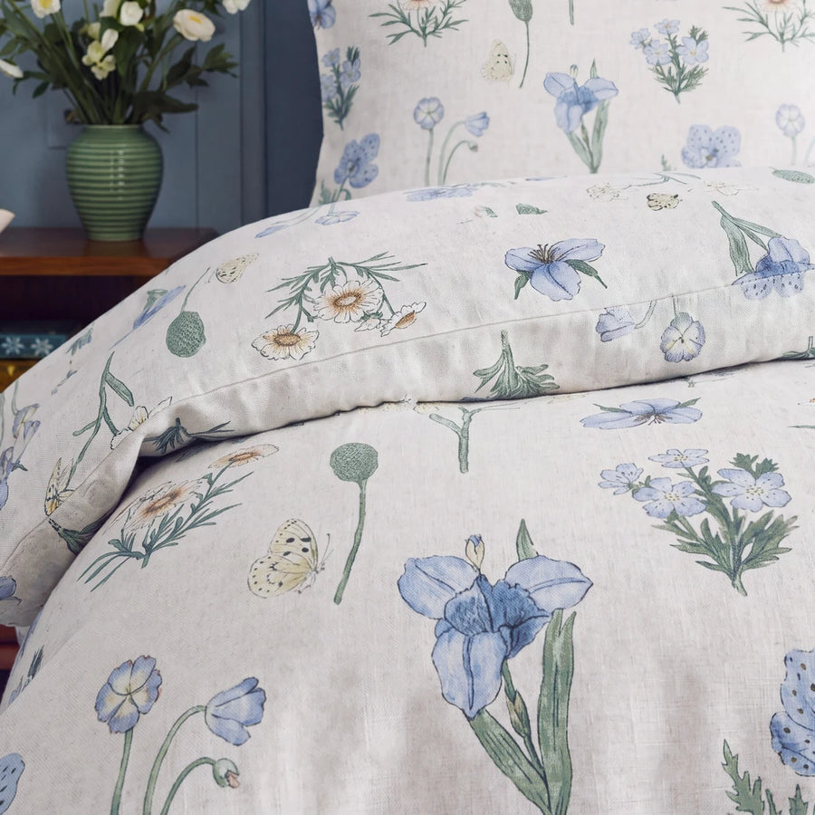 botanical whimsy floral duvet cover set blue iris daisy fabric close up