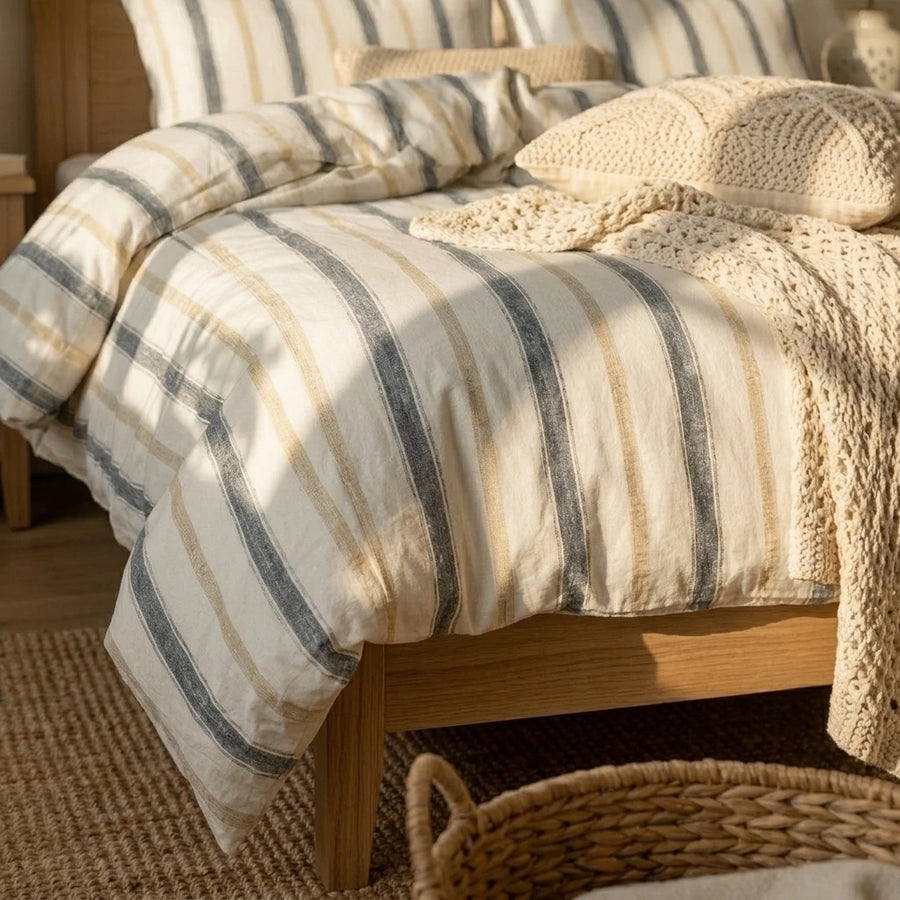 breathable cream stripe cotton duvet cover with raw edge trim