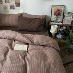 brown pinstripe striped duvet cover set cotton bedding with flowers and book