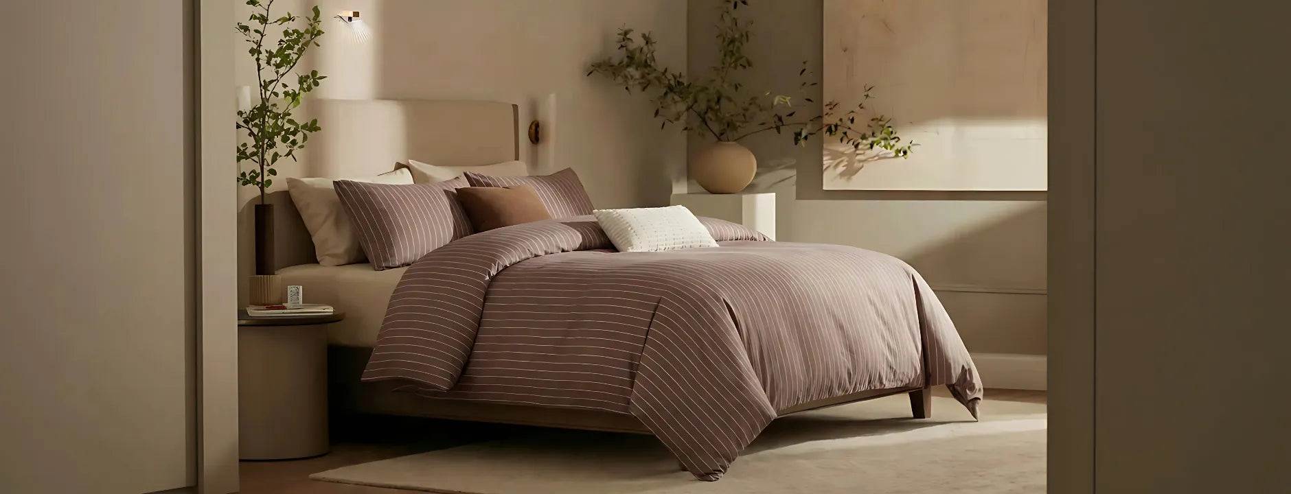 brown striped bedding in a minimalist bedroom