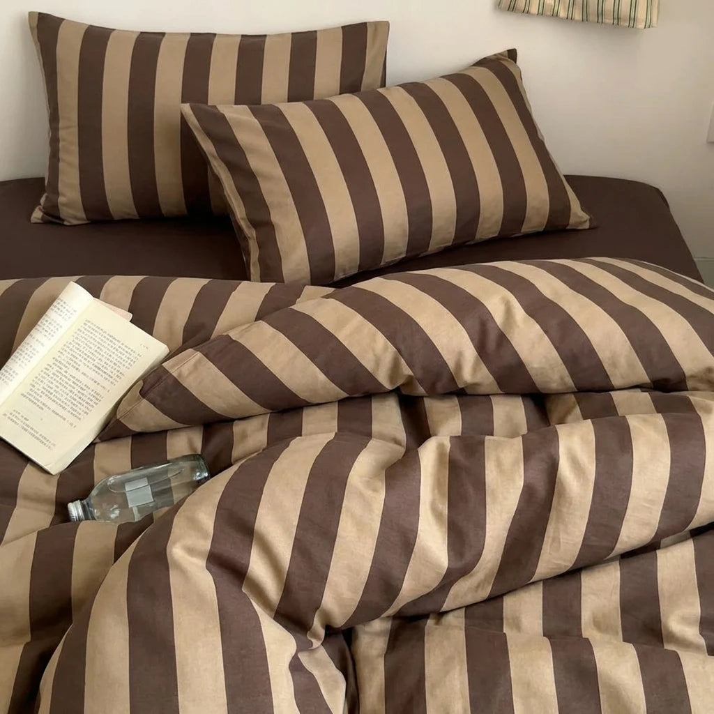 cabana stripe brown 100 cotton duvet cover set with book and bottle