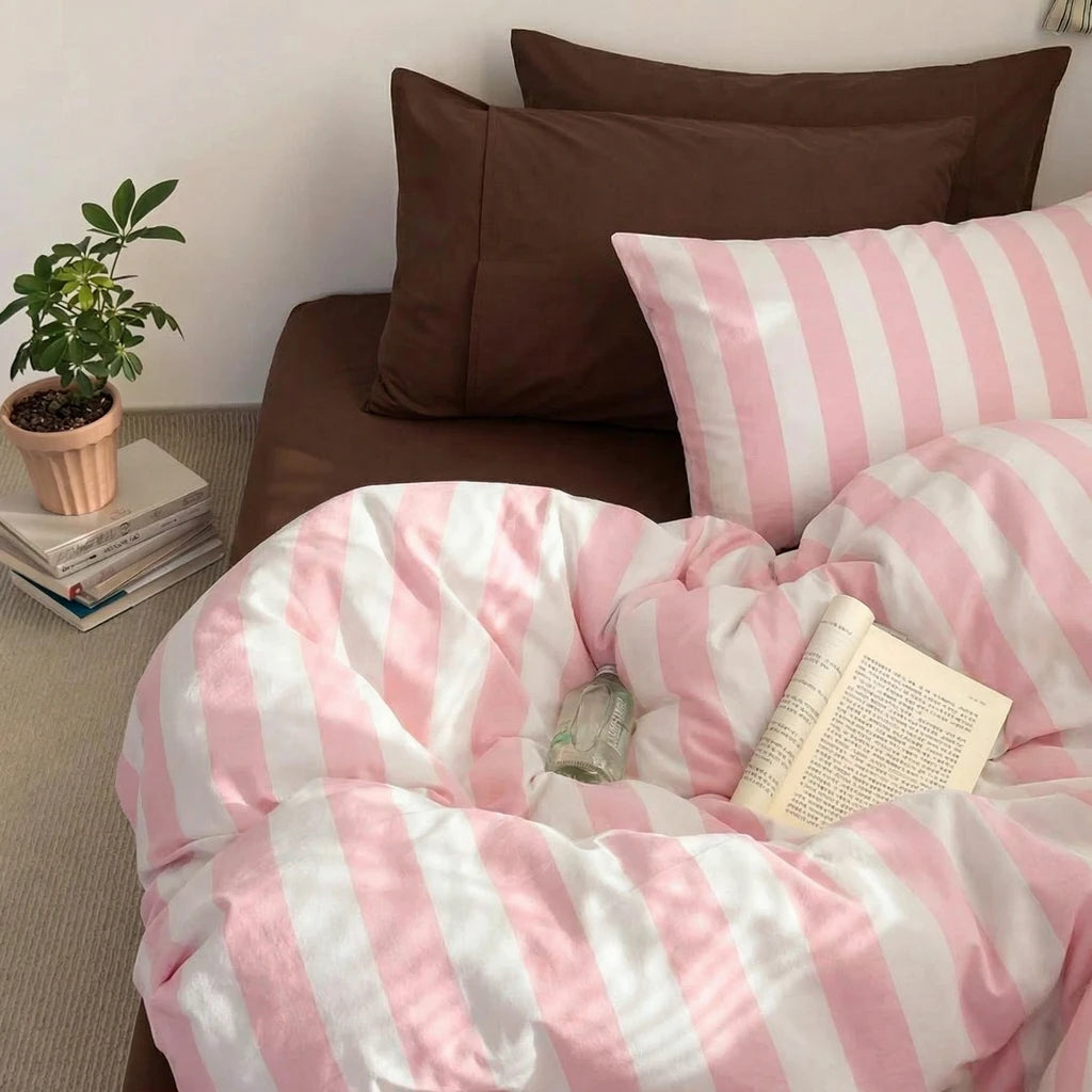 cabana stripe pink 100 cotton duvet cover set with book and bottle