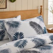coastal navy charcoal palm pillowcases wooden bedframe styling