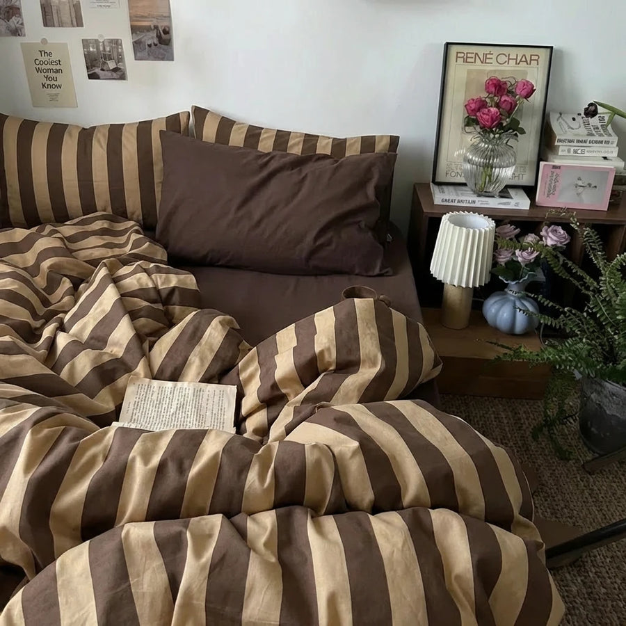 coffee bold striped pillowcases and quilt cover