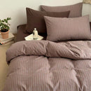 coffee pin striped comforter set flat lay display