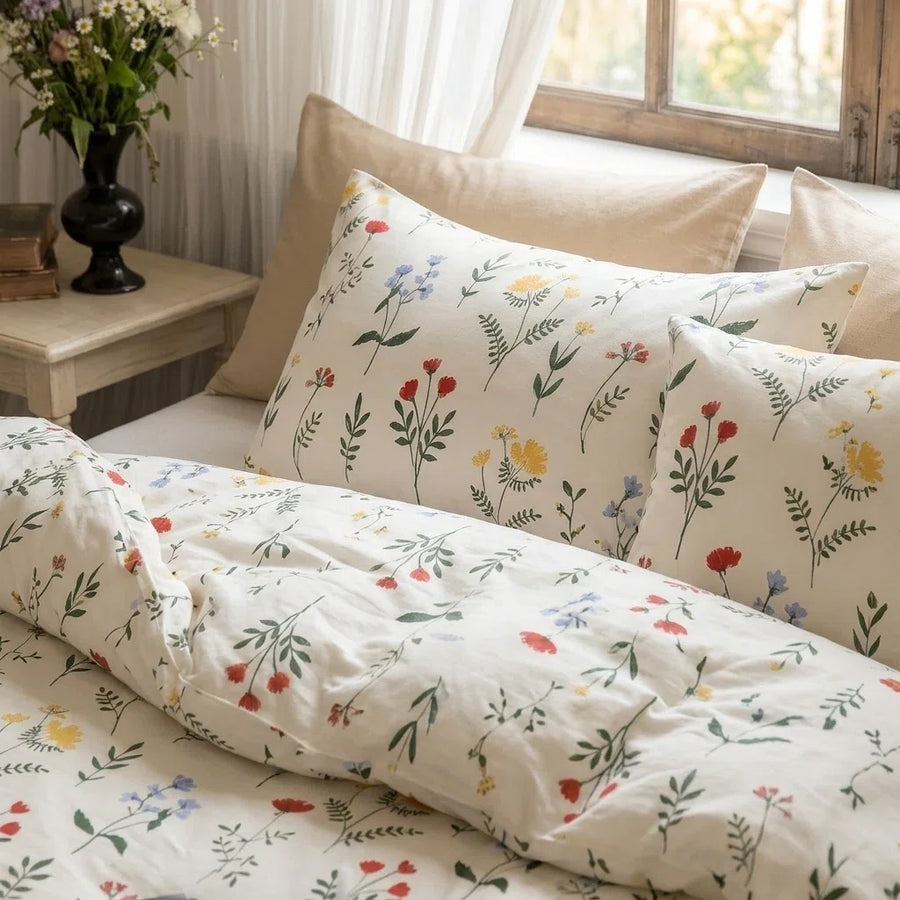 matching vintage wildflower cotton pillow shams with delicate floral print