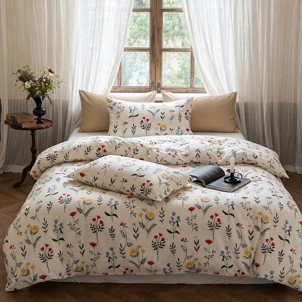 cottagecore wildflower spray duvet cover set styled on bed with wooden window frame