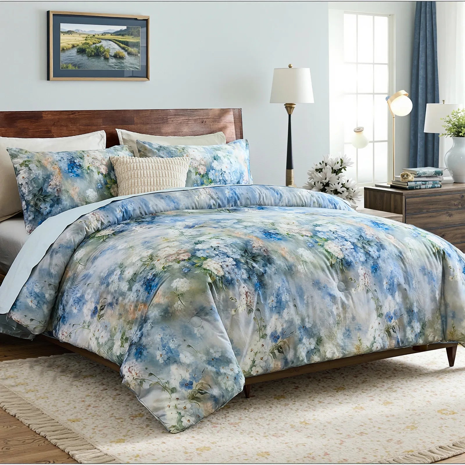 cotton blue flower bedding set queen