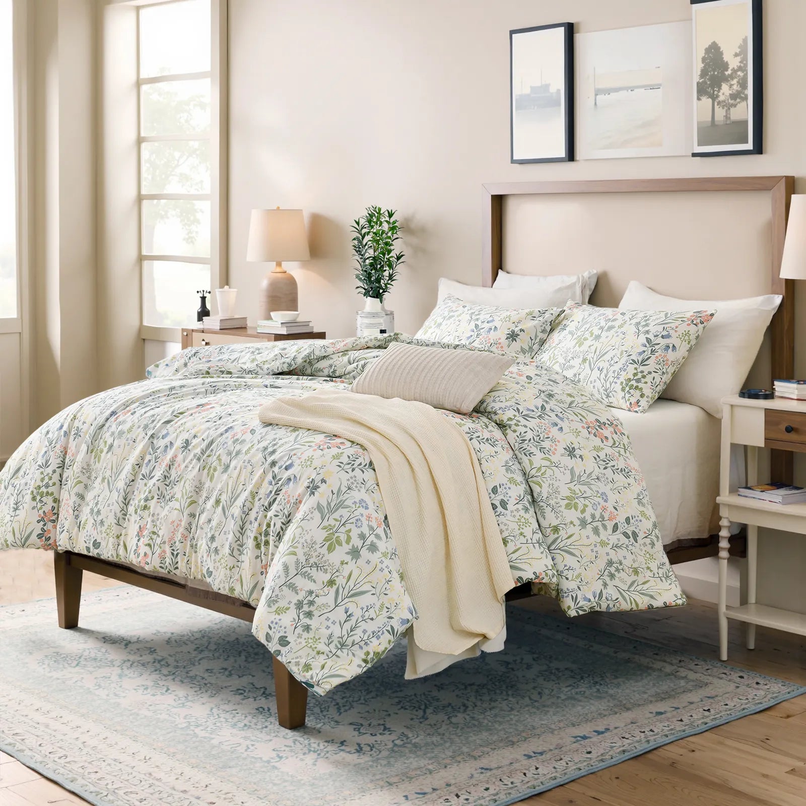 Green botanical print bedding set in contemporary bedroom 