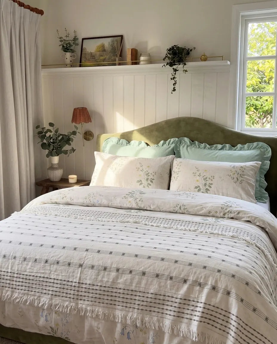 Quiet Garden bedding in Sage Ivory, styled with coordinating layers.