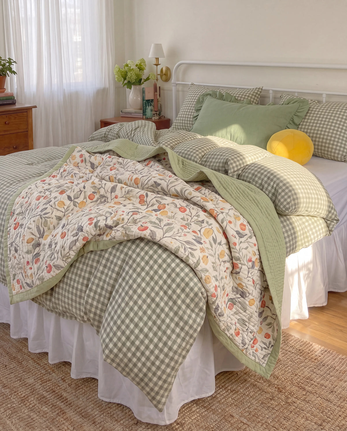 Orchard Flora bedding in Sage Green, styled with coordinating layers.
