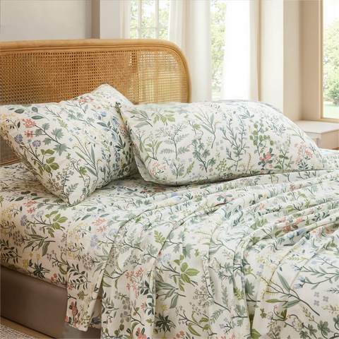 Angled view of floral cotton sheet set with pillows near the rattan headboard