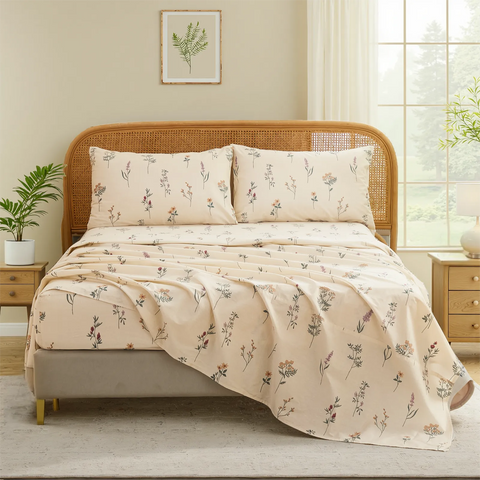 Full view of cotton wildflower ditsy floral sheet set on bed with rustic rattan headboard