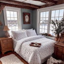 country breeze ditsy floral duvet cover set ivory blue blush rustic wood snowy bedroom overview