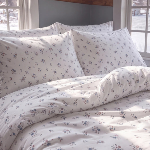 country breeze ditsy floral duvet cover set ivory blue rose sunlit bedding closeup bedroom