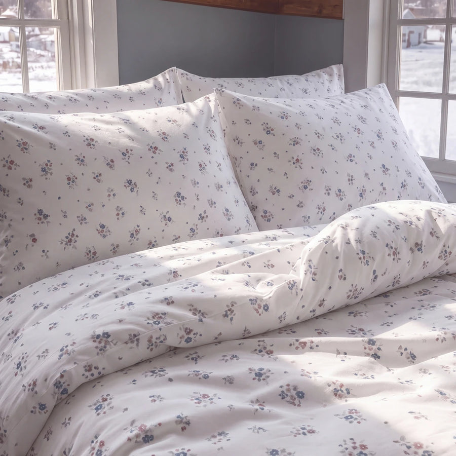 country breeze ditsy floral duvet cover set ivory blue rose sunlit bedding closeup bedroom