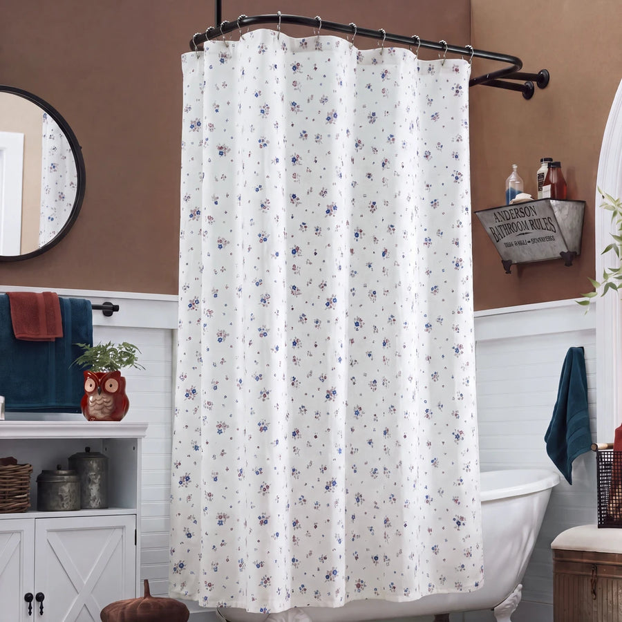 country breeze ditsy floral shower curtain white blue brown wall rustic decor