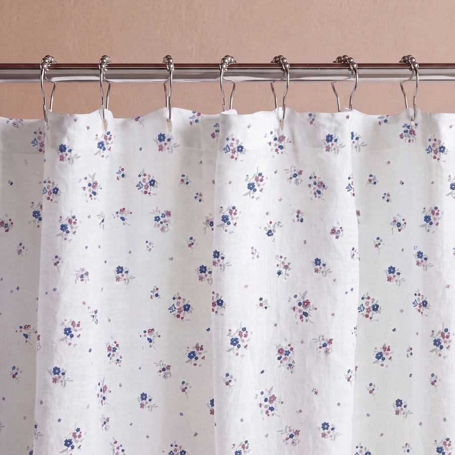 country breeze ditsy floral shower curtain white blue metal rings taupe wall