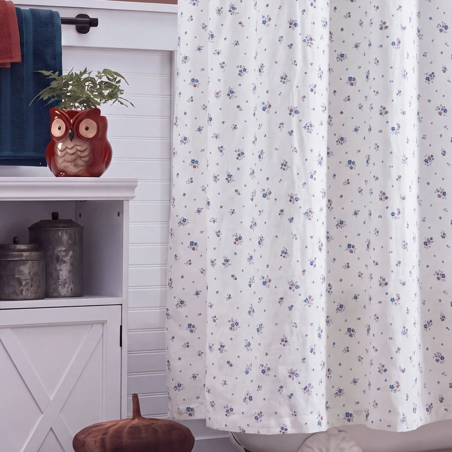 country breeze ditsy floral shower curtain white blue vanity owl planter