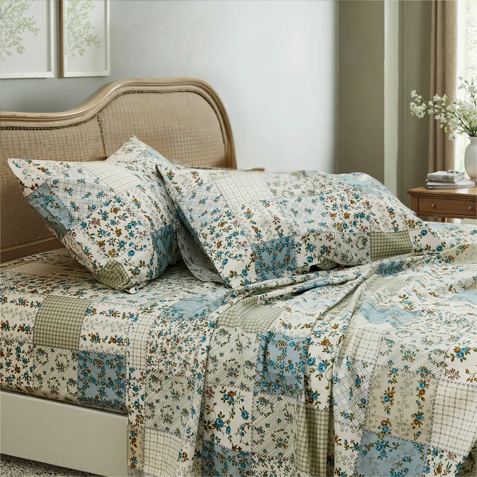 Country style cotton floral patchwork bedding set on bed, angle view	