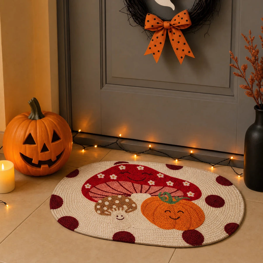 cozy pumpkin days rug mushroom and pumpkin front door entryway