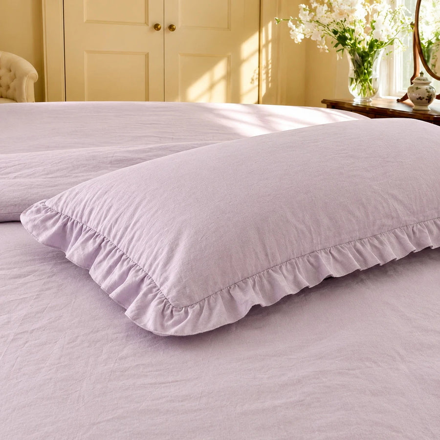 cozy soft lilac ruffled pillowcase layering detail