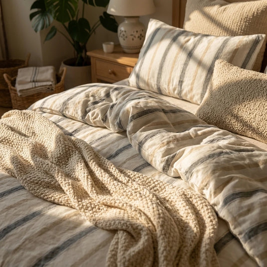 cream stripe raw edge duvet cover minimalist bedroom decor