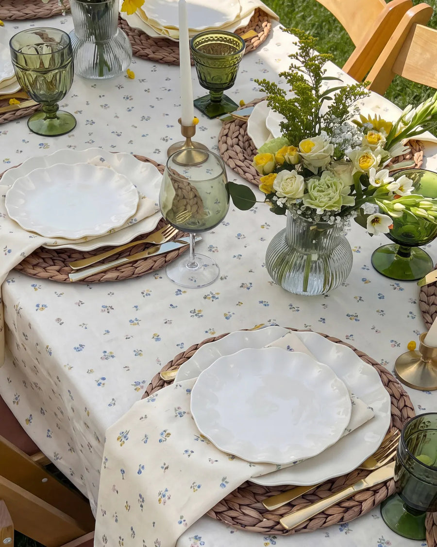 dainty wildflower tablecloth outdoor table styling
